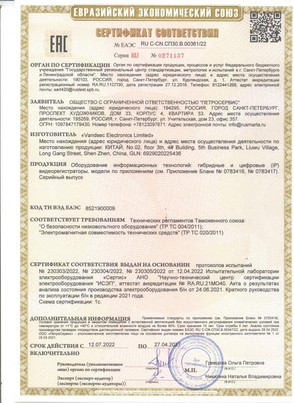 Сертификат соответствия на гибридные и цифровые видеорегистраторы Ps-Link
