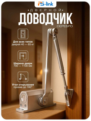 Доводчик дверной Ps-Link PS-M65S нагрузка 65кг, серебристый металлик, регулировка скорости
