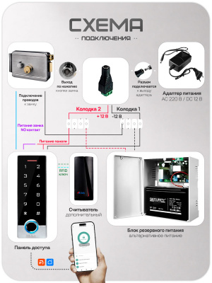 Комплект СКУД Ps-Link KIT-TF2EM-WP-W-SL / эл. механический замок / кодовая панель / RFID / WIFI