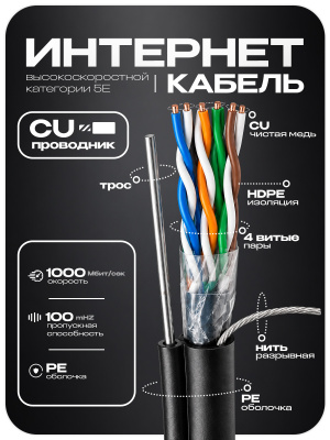 Кабель витая пара UTP4 cat.5E CU 305 метров Ps-Link UTP-CU305R с тросом и коннекторами