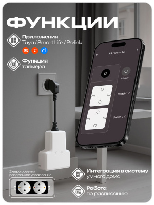 Адаптер питания сетевой Ps-Link PS-1606 умный WIFI на 2 розетки, сенсорная кнопка, работа по расписанию