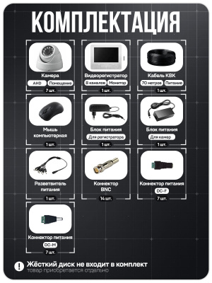 Комплект видеонаблюдения AHD 2Мп Ps-Link KIT-A9207HD 7 камер для помещения, регистратор с монитором