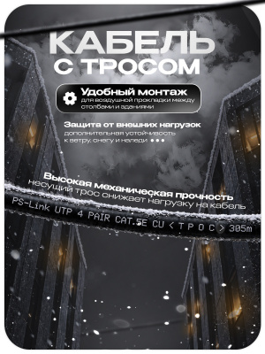 Кабель витая пара UTP4 cat.5E CU 305 метров Ps-Link UTP-CU305R с тросом и коннекторами