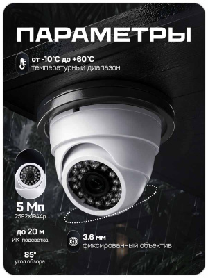 Камера видеонаблюдения AHD 5Мп Ps-Link AHD305MX с микрофоном TVI aoc, степень защиты IP20, пластиковый корпус