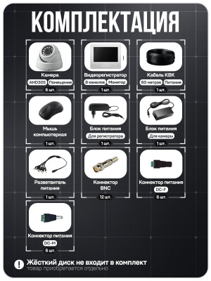Комплект видеонаблюдения AHD 5Мп Ps-Link KIT-A9506HD 6 камер для помещения, регистратор с монитором