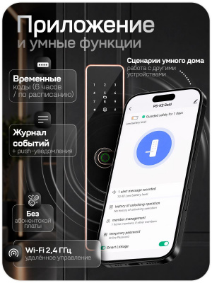 Дверной замок WIFI PS-Link PS-K2 розовое золото, биометрический, отпечаток пальца, временный пароль, ключ, карта