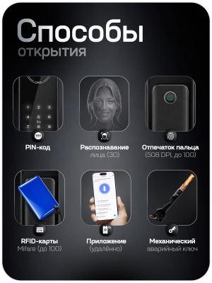 Дверной замок WIFI PS-Link PS-W1R сканирование лица, отпечаток пальца, карта доступа