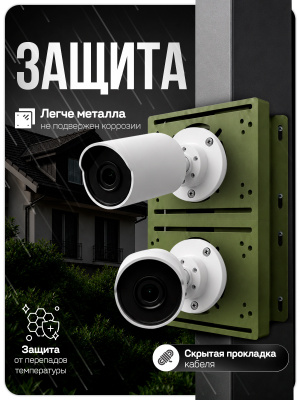 Двойной кронштейн для камер видеонаблюдения на столб/угол 50 мм, монтажная поверхность 200×100 мм, 3D-печать, зеленый