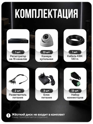 Комплект видеонаблюдения Ps-Link KIT-A513HD-MX AHD/TVI 5Мп, 13 камер с микрофоном, AoC, звук по КВК, регистратор 16 кан.