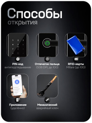 Дверной замок WIFI PS-Link PS-K2 биометрический, отпечаток пальца, временный пароль, ключ, карта