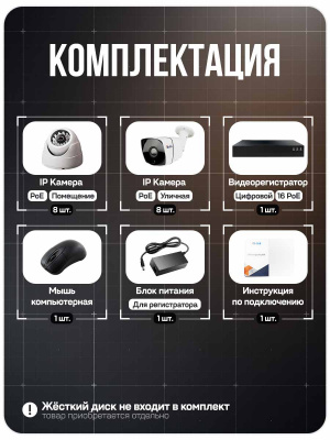 Комплект видеонаблюдения IP 2Мп Ps-Link KIT-B216IP-POE 8 камер для помещения, 8 камер для улицы, ночная съёмка, POE питание