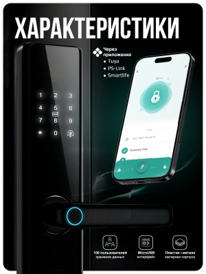 Дверной замок WIFI Ps-Link PS-Z13-TY с отпечатком пальца / сенсорный / Чёрный