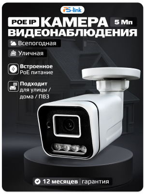 Камера видеонаблюдения IP Ps-Link PS-IP105PCM металлический корпус для улицы, с микрофоном, LED-подсветка, питание PoE