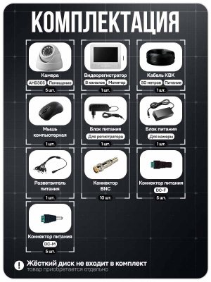Комплект видеонаблюдения AHD 2Мп Ps-Link KIT-A9205HD 5 камер для помещения, регистратор с монитором