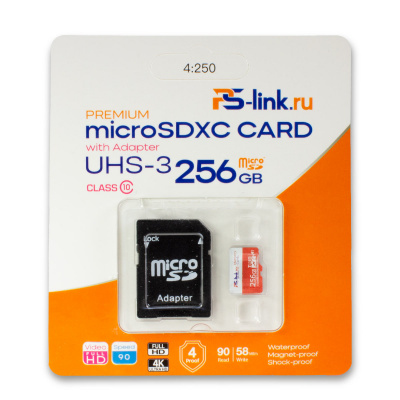 Карта памяти microSD Ps-Link VP-256G UHS-3 256ГБ + SD адаптер